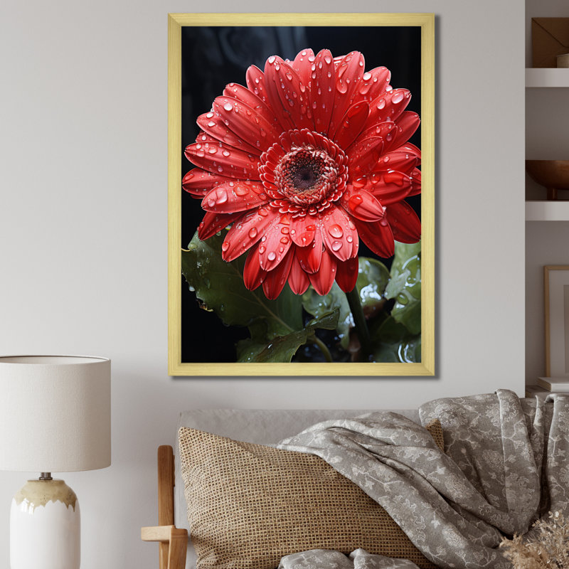Red Daisiy Flowers I - Art mural sur toile florale, Encadrement doré, H 40 po x l 30 po x P 1,5 po