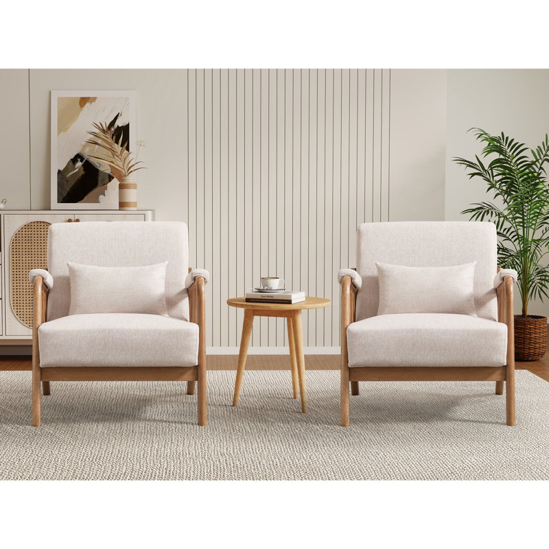 27.17" Wide Modern Upholstered Solid Wood Accent Chair With An Extra Pillow, Beige Linen