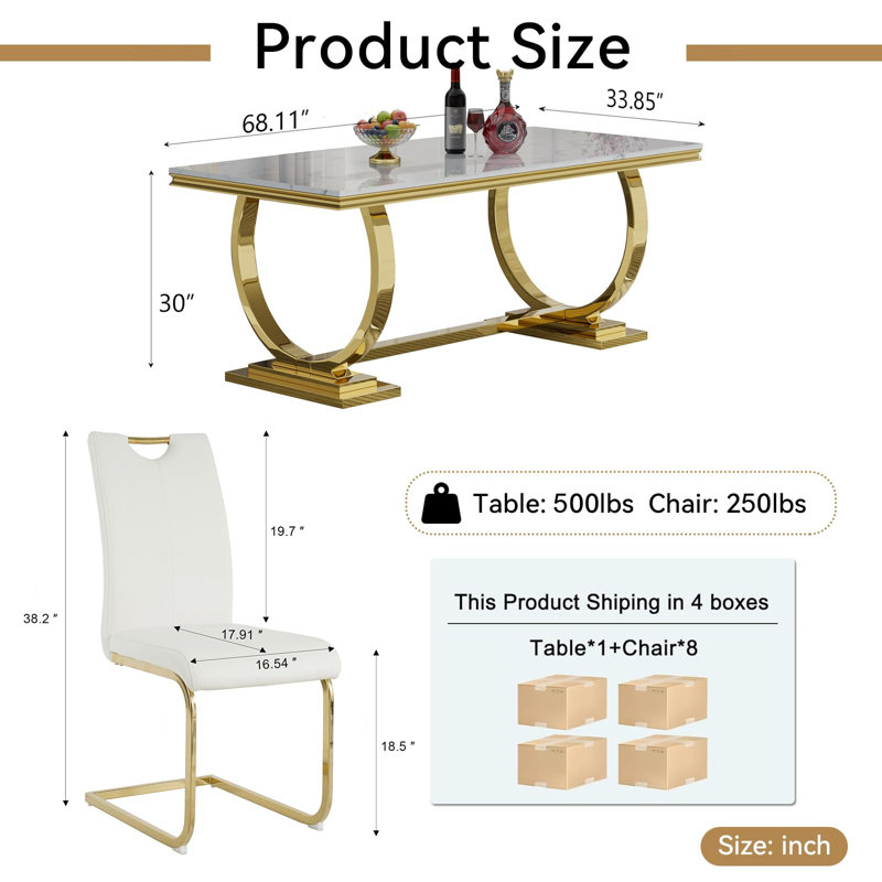 Ensemble de salle à manger moderne de 9 pièces pour 8 personnes, comprenant une table de cuisine de 173 cm (68 po) en faux marbre avec piètement en acier inoxydable doré et 8 chaises en cuir PU.