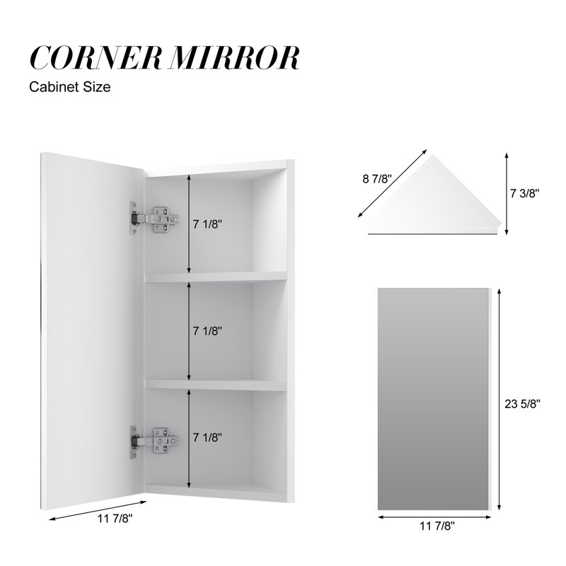 Armoire à pharmacie 13,4 W 23,6 H avec miroir 3 tablettes, H 23,62 po x l 12,6 po x P 7,37 po