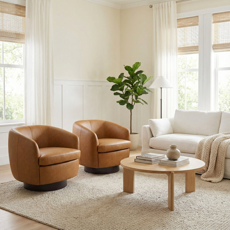 Fauteuil demi-tonneau pivotant rembourré en similicuir brun clair avec base en bois massif (ensemble de 2), Marron clair