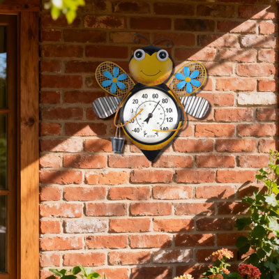 Mignon thermomètre mural en forme d'abeille, jauge de température intérieure / extérieure décorative avec design en métal et en verre pour patio, jardin et maison