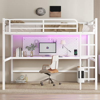 Queen Size Metal Loft Bed with Desk, LED Light, USB & Power Outlet, Guardrails, Space-Saving Design, White