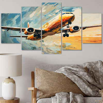  «Teal Plane Under Abstracted Cloud - Transport, art mural sur toile - 5 panneaux
