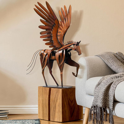 Horse Statue Décor Artwork, 24" H Handmade Metal Pegasus Greek Flying Horse Sculpture, Hand-Painted Animal Figurines For Home Living Room Office (With Wings)