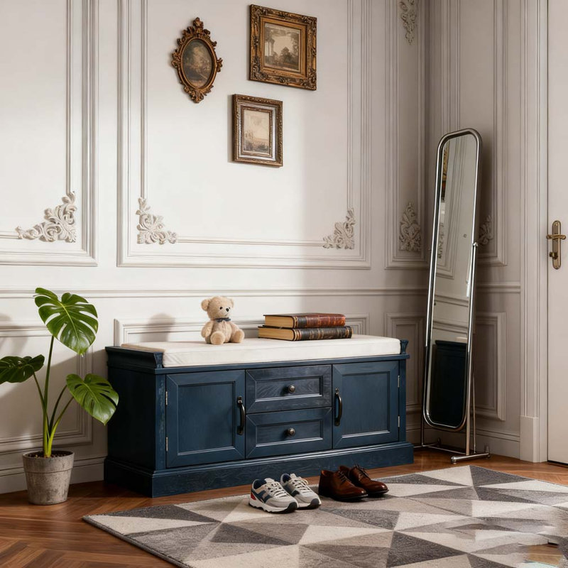 Storage Bench with 2 Drawers and 2 Cabinets, Shoe Bench with Removable Cushion, Antique Navy