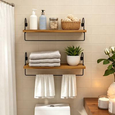 Wall Mounted Floating Shelf with Cup Hanger, Natural Wood Coffee Bar Storage for Kitchen