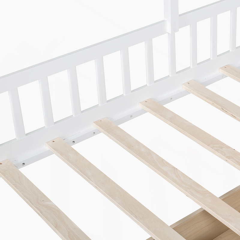 Lit House avec canapé, lit plateforme pour enfants avec deux tiroirs et tablette de rangement