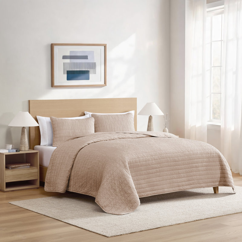 Ultra Soft Crinkle Washed Microfiber 3-Piece Quilt Set, Mushroom, Full/Queen Quilt + 2 Shams