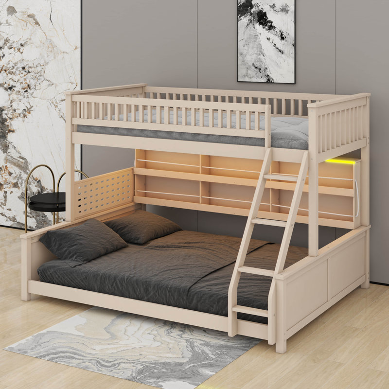 Lit superposé avec rangement, lit superposé en bois massif avec tablettes, lumières à changement de couleur, garde-corps et panneau perforé