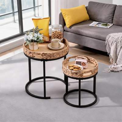 Set of 2 Nesting Table Coffee Table Round Rattan Side End Tables with Metal Legs for Living Room or as Night  The Bedroom