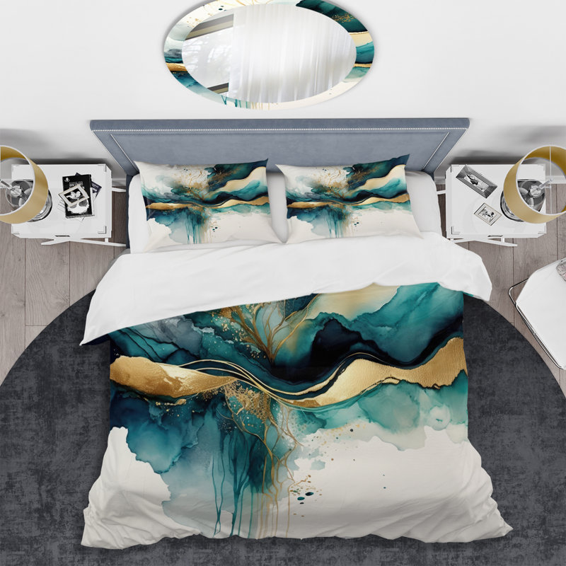 Teal and Gold Abstract Expression III - Ensemble de housse de couette à encre liquide abstraite - Polyester microfibre