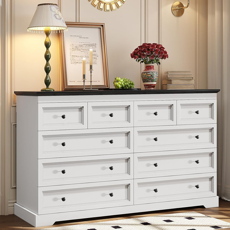 Double Dresser With 10 Storage Drawers, Black/White