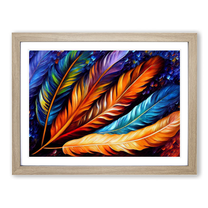 Bird Feather - Single Picture Frame Painting, 46cm H x 64cm W x 2cm D, Oak Framed