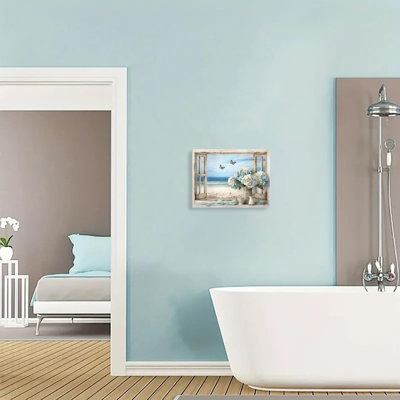 Vintage Ocean View Window Canvas Wall Art, High-Resolution Print With Fresh Blue Hydrangeas And Butterflies, Rustic Style Decor For Bathroom, Bedroom, Office Framed