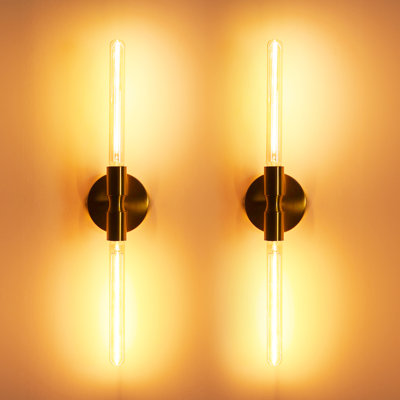 Modern Double-Tube Wall Sconce with Clear Glass, Dimmable Hardwired Vanity Light, Brushed Gold