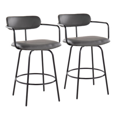 26" Contemporary Fixed-Height Counter Stool With Swivel In Black Metal And Grey Faux Leather With Round Black Metal Footrest By  - Set Of 2