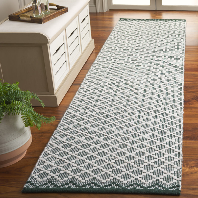 Workington Hand Woven Wool/Cotton Geometric Rug in Green/Ivory, Runner 2'3" x 9'