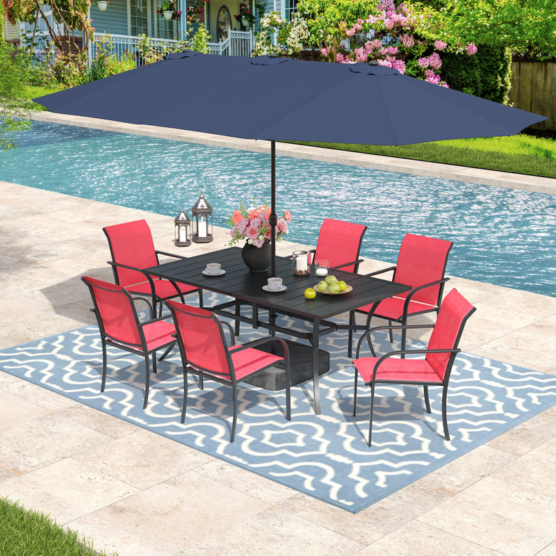 Outdoor Rectangular 6-Person Dining Set With Umbrella & Stackable Textilene Chairs, Red/Blue