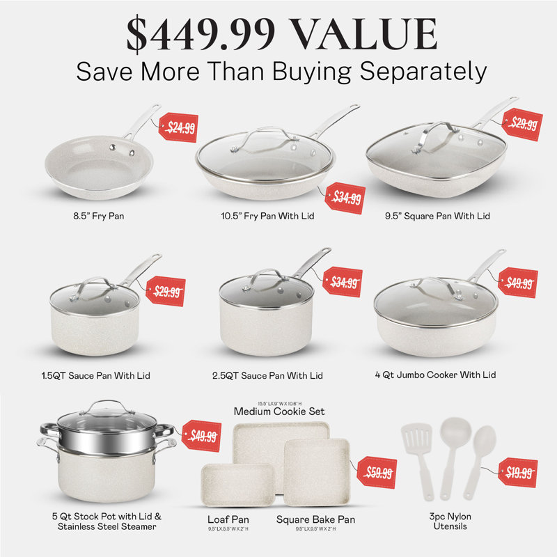 Granitestone 20 Piece Ceramic Nonstick Cookware Set With Bakeware And Utensils, Cream