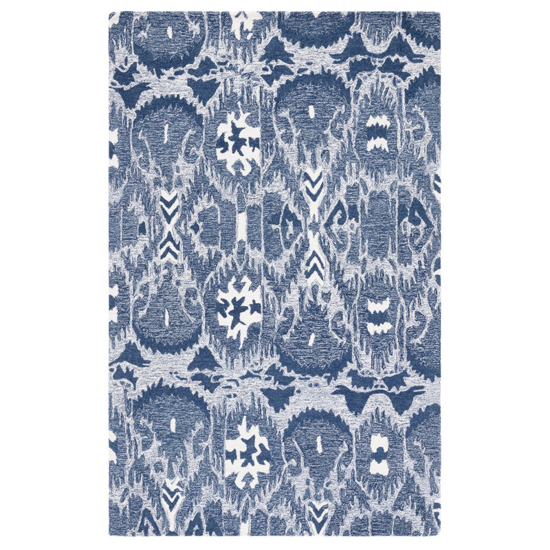 Ikat Hand Tufted Wool/Cotton Ikat Rug in Ivory/Blue, Rectangle 5' x 8'