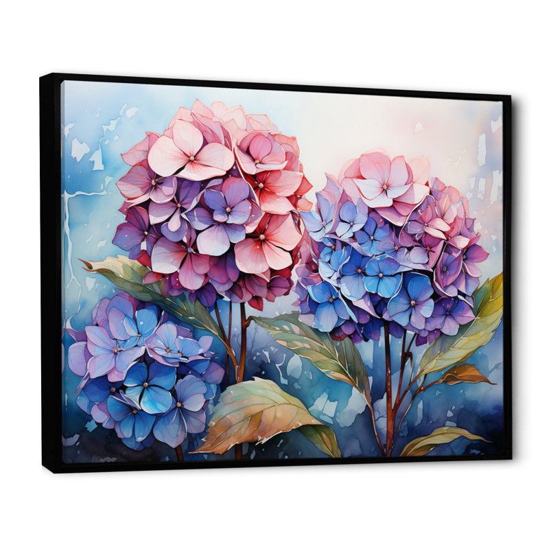 Rose, bleu, hortensia, mosaïque, prés, Cadre flottant noir, H 12 po x l 20 po x P 1 po