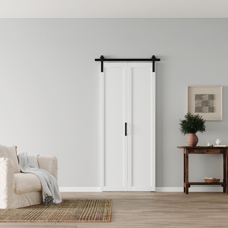 Full Lite MDF Manufacture Wood Folding Barn Door With Hardware Kit Interior Bifold Door,White, 42" x 84"