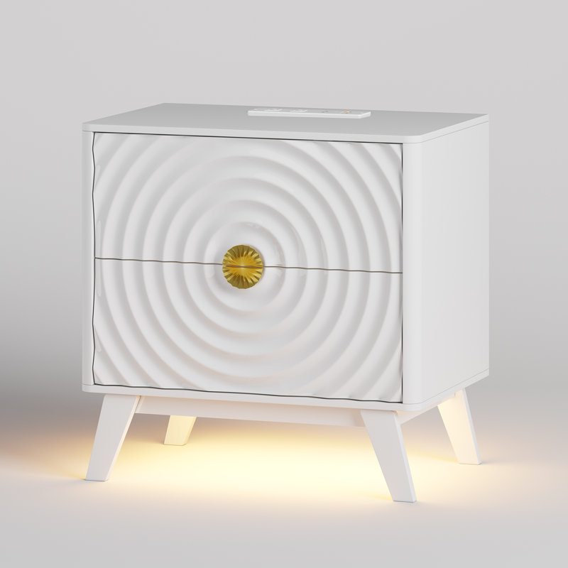 2-Drawer Bedside Table With Built-In Outlets And Human Sensor Light, White