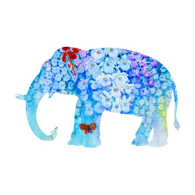Éléphant en fleurs sur fond blanc et bleu