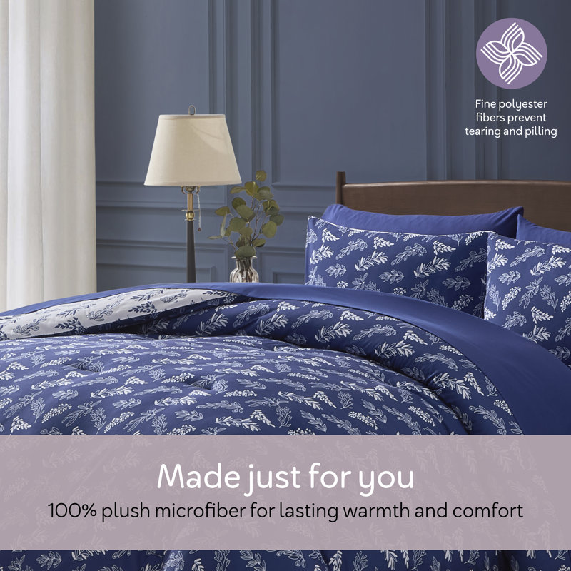 Nestl Botanical Bed in a Bag 7 piece Comforter Set with Sheets & Pillow Shams, Majestic Blue/Lunar Gray