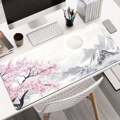  Rubber Mouse Pad, Smooth Microfiber Surface, Non-Slip Base, Rounded Edge Decorative Mouse Mat for Office & Gaming,12×32 Inch ,Pink Sakura Mountain Art
