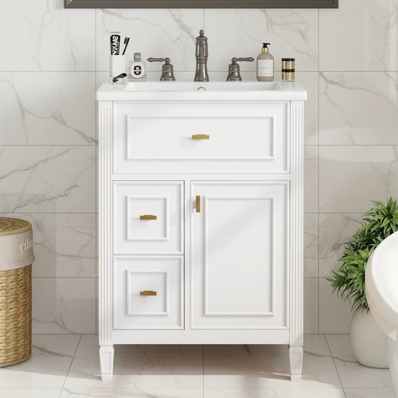Meuble-lavabo 24 po avec lavabo blanc, meuble-lavabo avec un tiroir rabattable et deux tiroirs, tablette réglable, Blanc