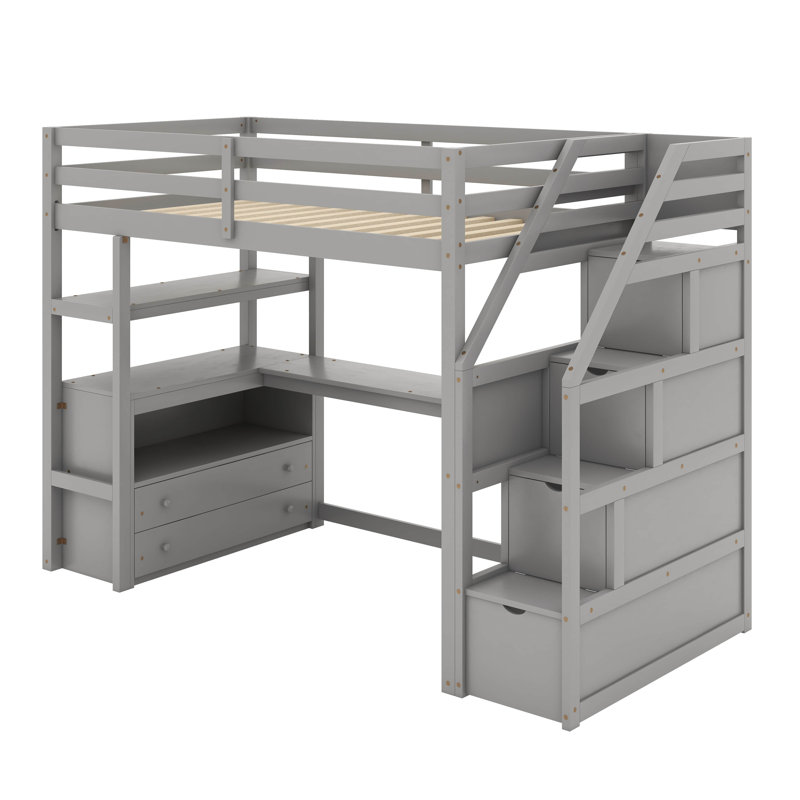Lit mezzanine simple avec bureau et tablettes, Gris