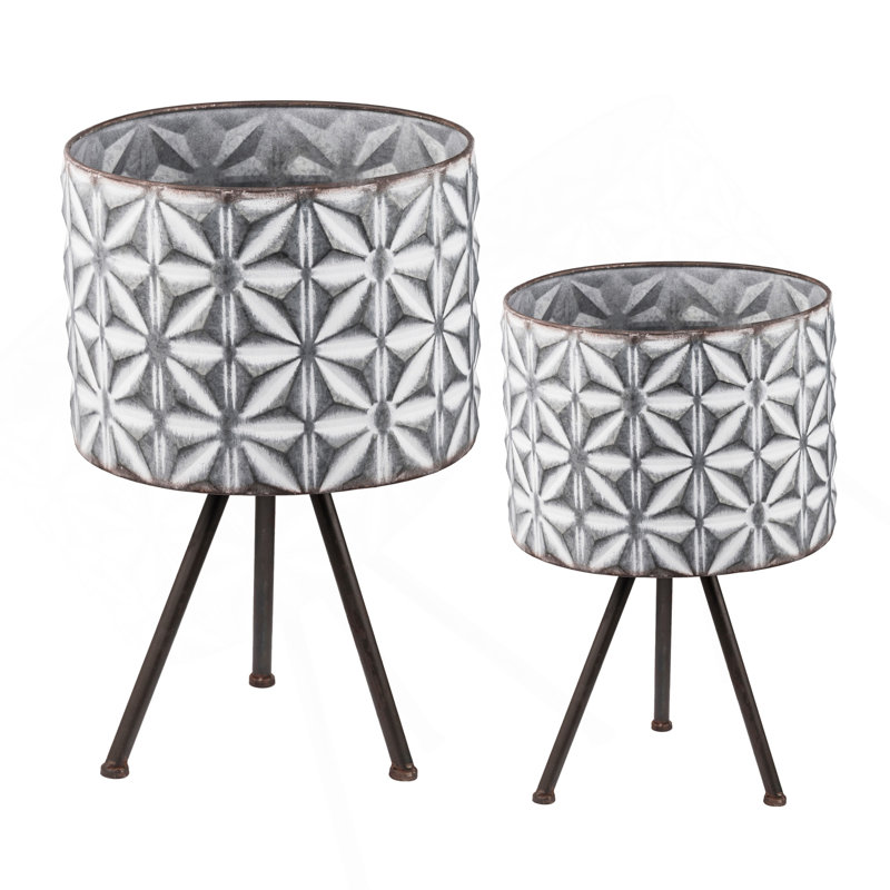 Set Of 2 Metal Planter Stand,Round Galvanized Grey Farmhouse Planter