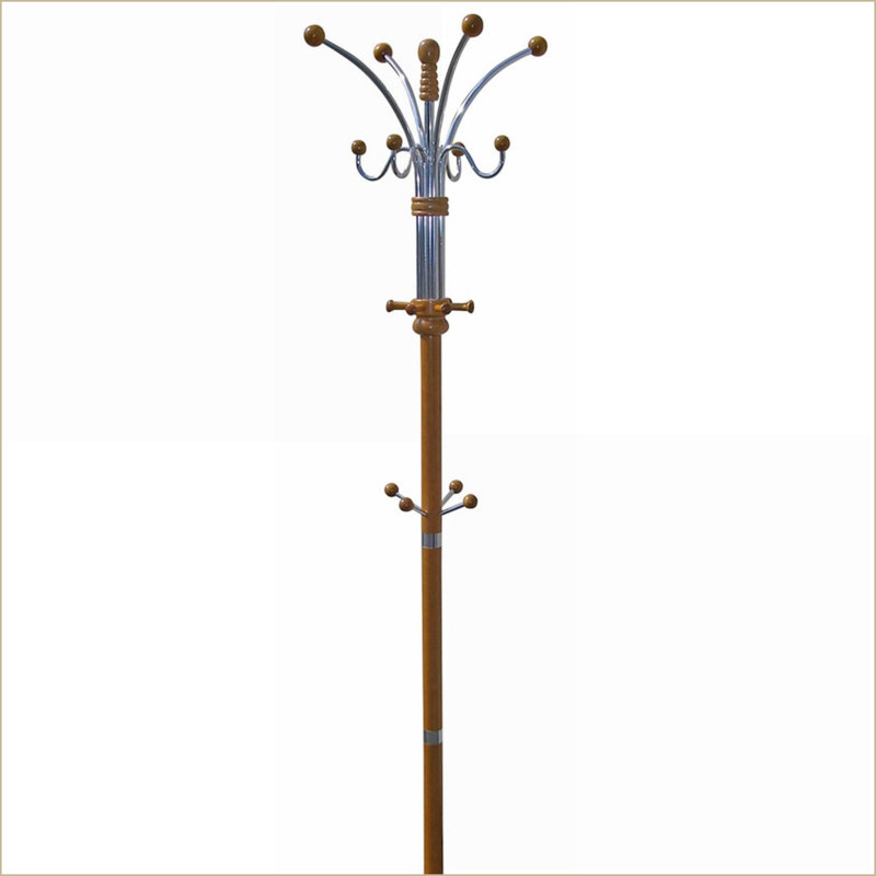 Coat Racks, 73” Tall Modern Chrome &amp; Composite Wood, Oak Finish | Oak | Wood
