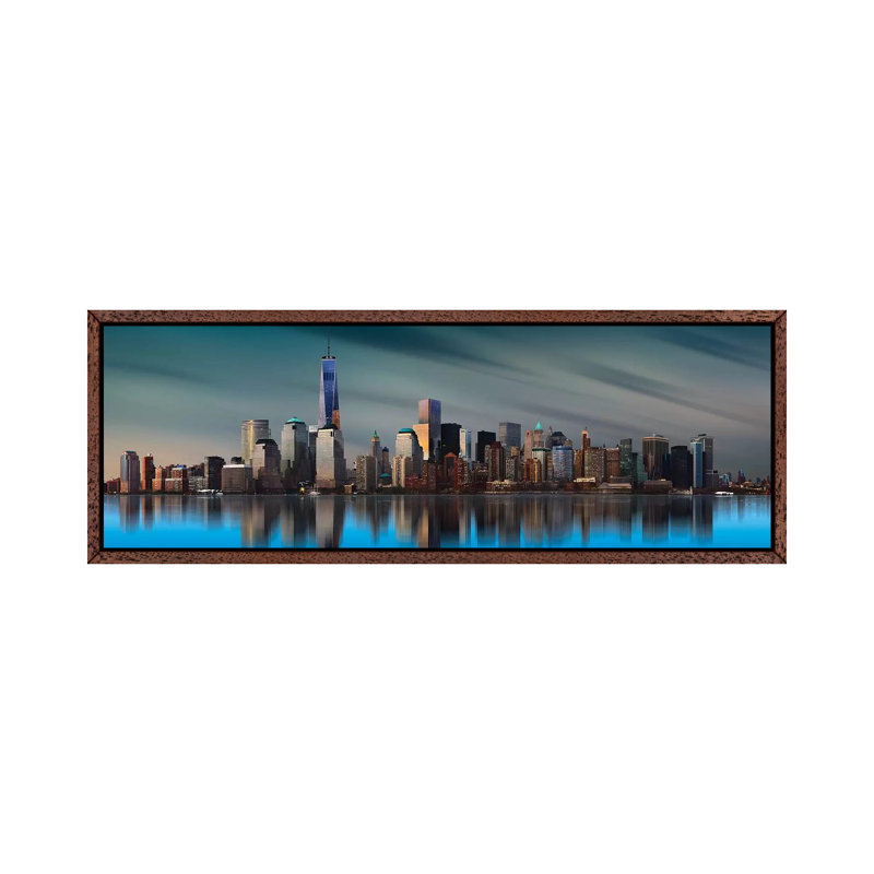 New York World Trade Center by Yi Liang - Panoramic Print on Canvas, 30.48 cm H x 91.44 cm W, Classic Brown Wood Framed