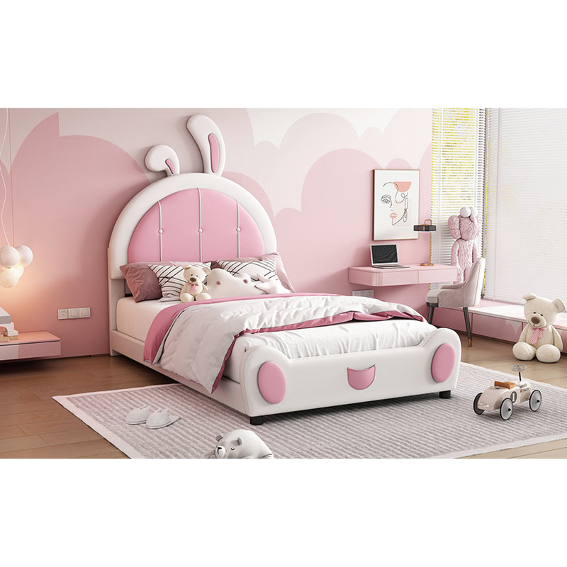 Lit plateforme tapissier simple avec tête de lit charmante en forme de lapin - matériaux blanc / rose