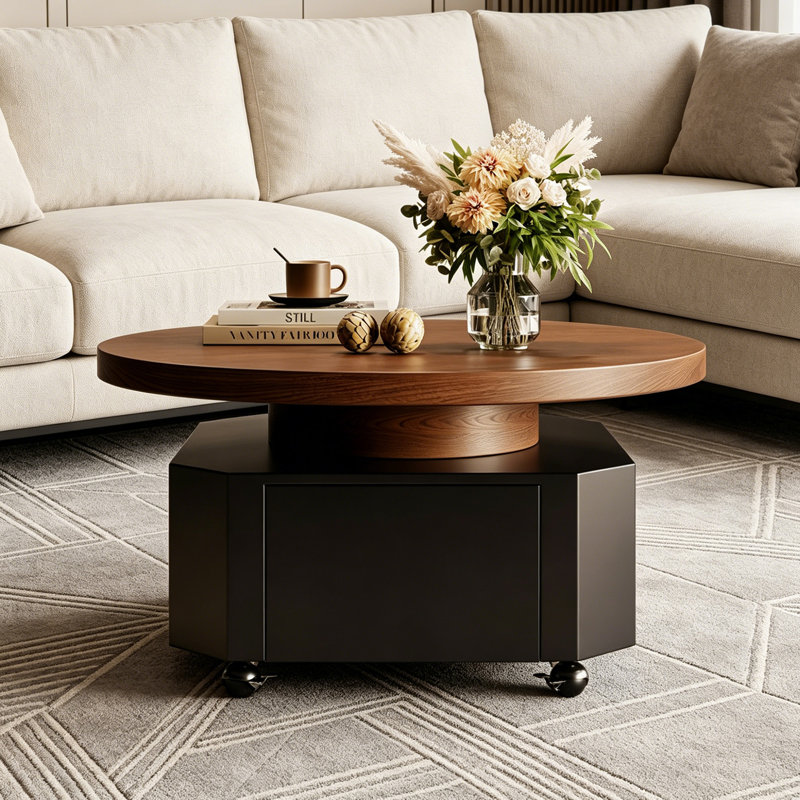 Petite table basse mobile avec roulettes, Nut-Brown Top/Black Base