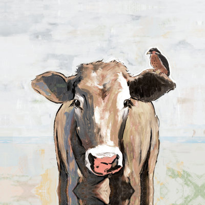 Painterly Cow And Common Bird - Wrapped Canvas Painting