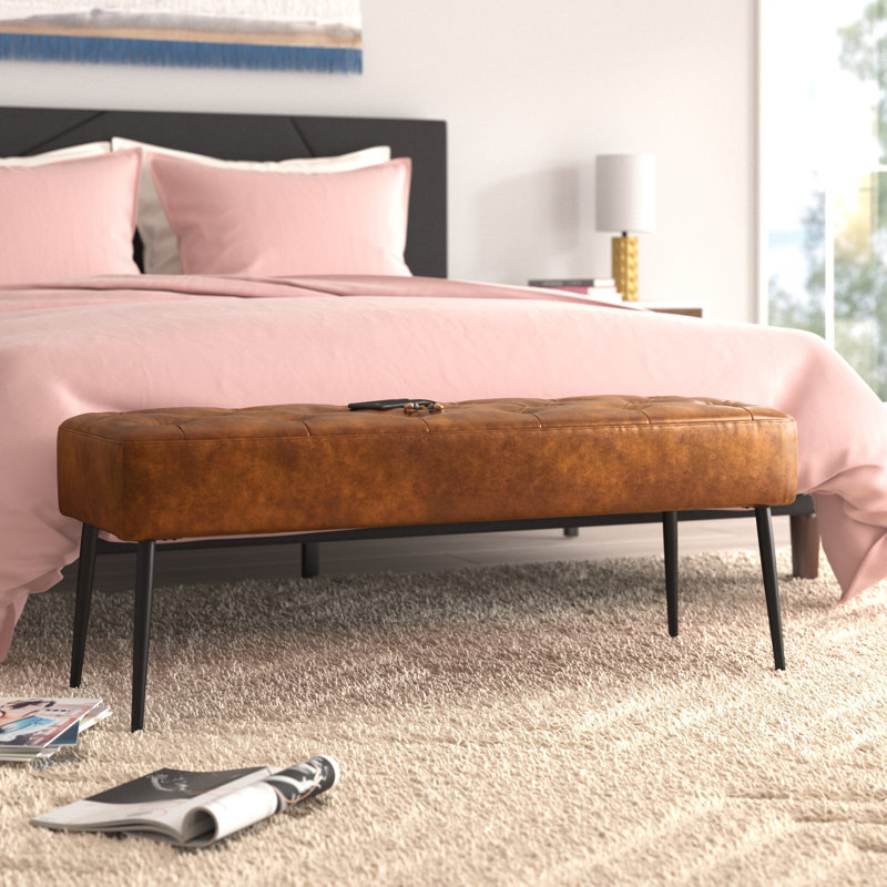 Faux Leather Upholstered Bench with Metal Legs, Yellowish Brown