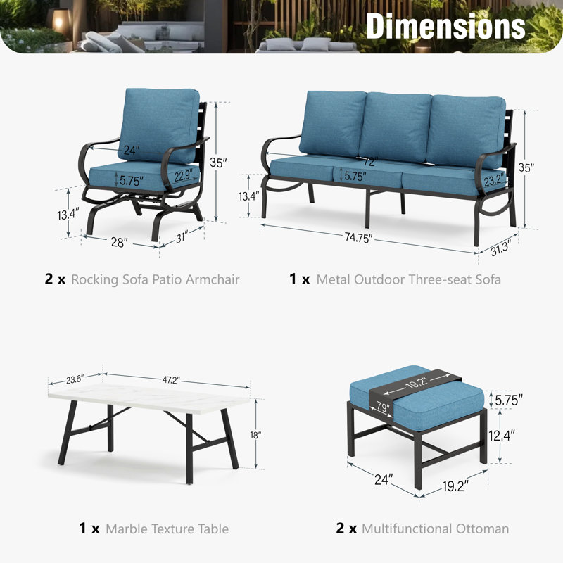 Tapasi Patio Conversation Set with Rocking Lounge Chairs  & Sofa, Yes, Denim Blue