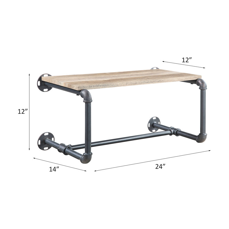 Tablette murale industrielle en bois de chêne et gris sablé avec structure en métal et support en bois pour le rangement des accessoires de salle de bain