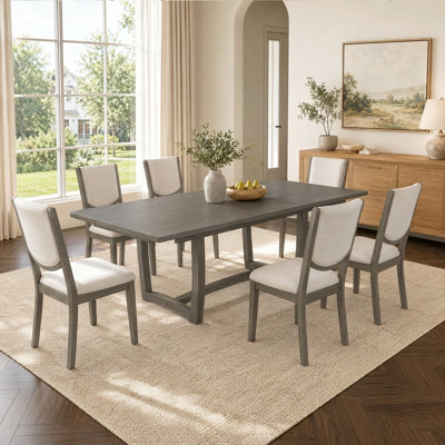 Farmhouse Dining Set for 6 - Rectangular Extendable Table with Curved Back Upholstered Chairs
