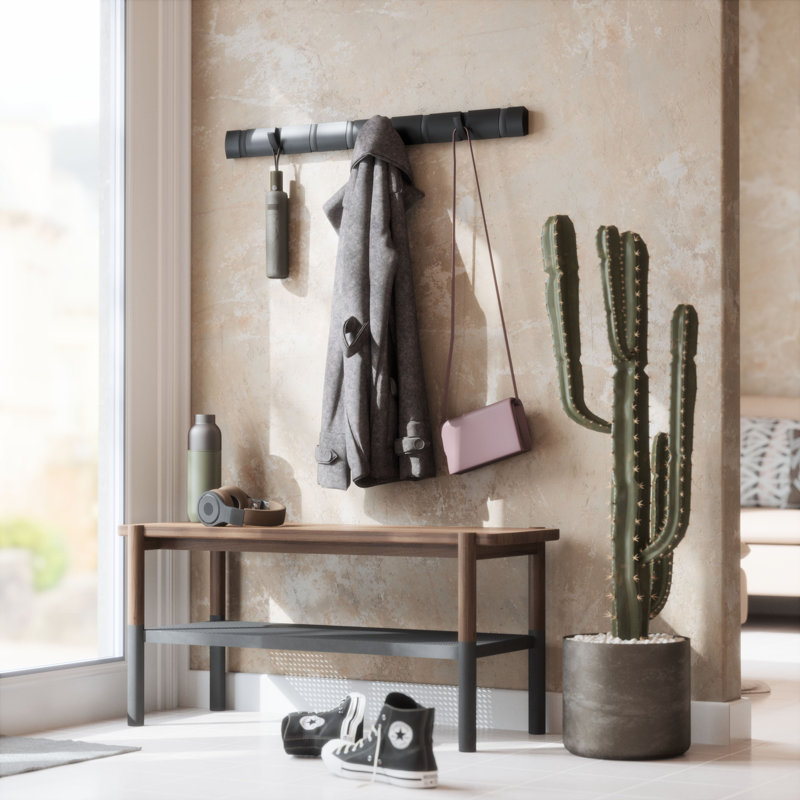 Black 5-Hook Wall Mounted Coat Rack with Retractable Hooks