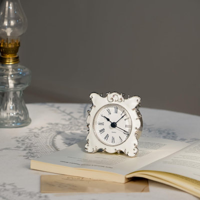 Pewter Pretty Small And Cute Vintage Table Clock With Quartz Analog Crystal Rhinestone 3 Inch For Living Room Bathroom Decoration, White Enamel