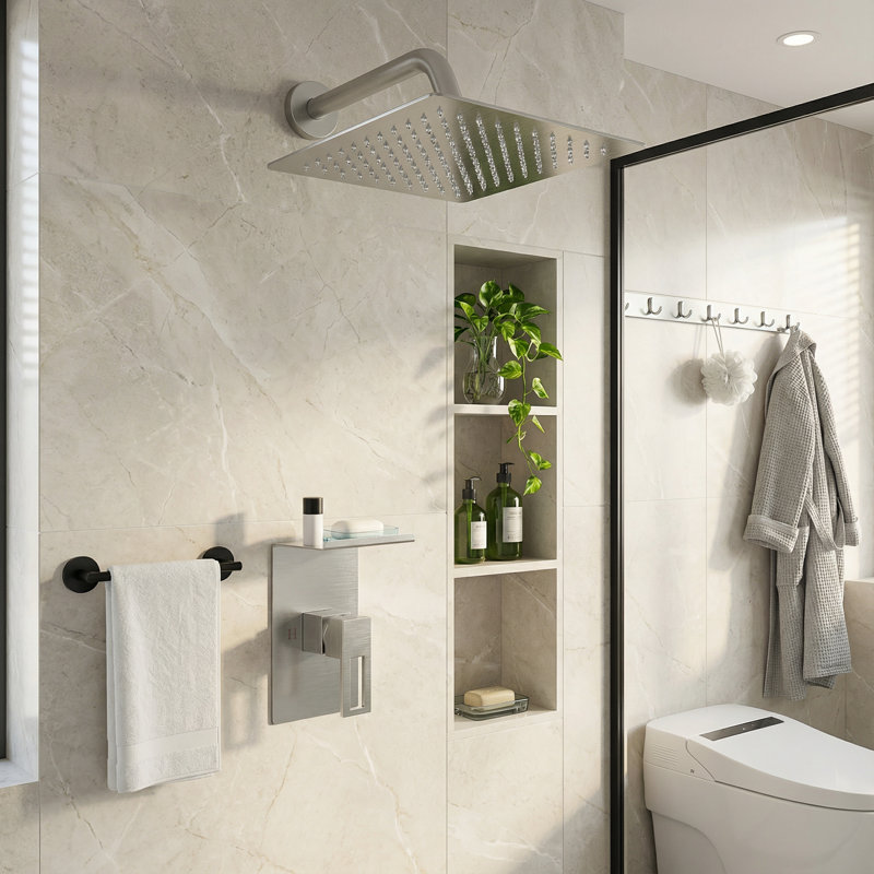 Système de douche mural avec pomme de douche à pluie de 8 pouces et tablette de rangement, Nickel brossé