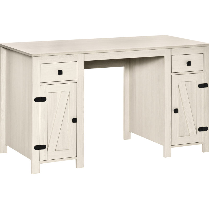 Bureau d'ordinateur blanc neige avec rangement, 2 tiroirs et armoires, tablette réglable, pour tiroirs de bureau personnel, style