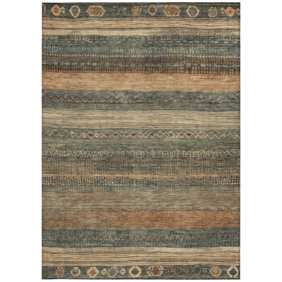 5' X 8' Fern Green And Rust Aztec Washable Indoor Outdoor Area Rug
