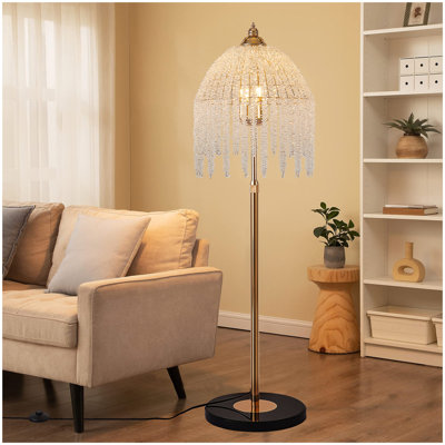 Élégante lampe sur pied en cristal 3 lumières - Cascade rétro avec perles de cristal en cascade et base en marbre pour décor de salon, de chambre à coucher ou de bureau (ampoule non incluse)