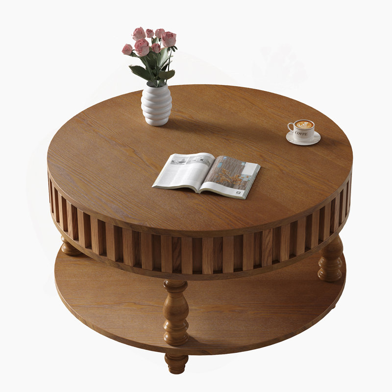 Table basse à cannelures avec rangement spacieux et pieds en bois massif, Noyer brun